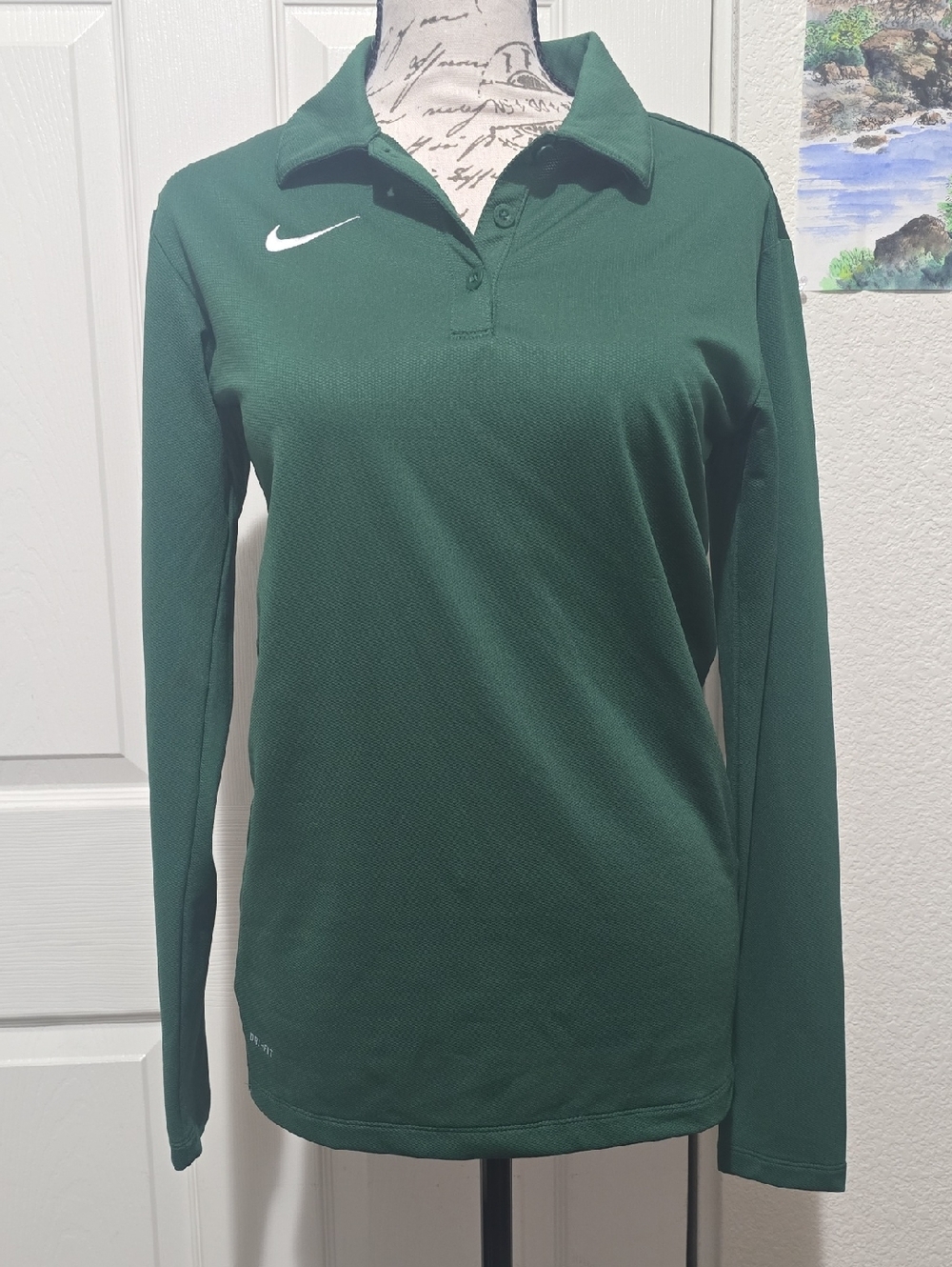 Nike Women's Dark Green Long Sleeve Polo Tee, Dri-Fit, Golf Sports, Small, EUC